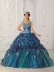 In Stock Teal Straps Chapel Train Quinceanera Dress Muti Colored Organza Ball Gown