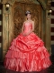 Watermelon Ball Gown Strapless Floor-length Organza Beading Quinceanera Dress
