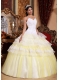 White and Light Yellow Spaghetti Straps Organza Lace Appliques Ball Gown Quinceanera Dress
