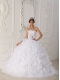 White Ball Gown Strapless Court Train Organza Beading and Hand Flower Quinceanera Dress