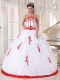 White Ball Gown Strapless Floor-length Satin and Organza Appliques Sweet 16 Dress
