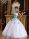 White with Blue Appliques Ball Gown Sweetheart Floor-length Appliques Organza Quinceanera Dress