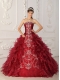 Wine Red Ball Gown Strapless Floor-length Satin and Organza Embroidery Quinceanera Dress