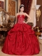 Wine Red Ball Gown Strapless Floor-length Taffeta Appliques Quinceanera Dress