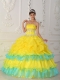 Yellow Ball Gown Strapless Floor-length Organza Beading and Ruffles Quinceanera Dress