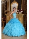 Aqua Blue Ball Gown One Shoulder Floor-length Satin and Organza Beading Quinceanera Dress