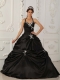 Black A-Line / Princess Halter Floor-length Taffeta Appliques Quinceanera Dress