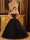 Black Ball Gown Strapless Floor-length Tulle Appliques Quinceanera Dress