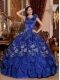 Blue Ball Gown V-neck Floor-length Satin Beading and Appliques Quinceanera Dress