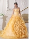 Gold Taffeta Beading Strapless Ball Gown with Chapel Train Quinceanera Dress