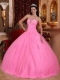Pink Ball Gown Strapless Floor-length Tulle Beading Quinceanera Dress