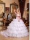 White Ball Gown Strapless Detachable Train Organza Appliques Quinceanera Dress