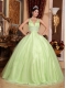 Yellow Green Ball Gown V-neck Floor-length Tulle and Taffeta Beading Quinceanera Dress