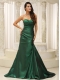 Prom Dress Dark Green Modest Ruched Bodice Brush Train Custom Made