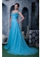 Prom Dress Aqua Blue A-line Straps Sweep Train Chiffon Beading
