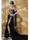 Prom Dress Black Column One Shoulder Chapel Train Chiffon Beading