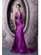 Prom Dress Column Halter Brush Train Silk Like Satin Beading and Appliques