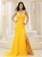 Prom Dress High Slit Halter Top Yellow Brush Train Chiffon