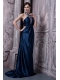 Prom Dress Navy Blue Column Halter Brush Train Elastic Woven Satin Beading