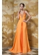 Prom Dress Orange Column V-neck Brush Train Chiffon Beading