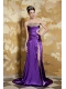 Prom Dress Purple Column Strapless Brush Train Elastic Woven Satin and Leopard Beading