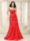 Prom Dress Sweetheart Red Ruched Bodice Brush Train Lace-up
