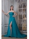 Prom Dress Teal A-line Strapless Court Train Chiffon and Elastic Woven Satin Beading