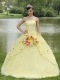 Quinceanera Dress For 2013 Appliques Embroidery and Hand Made Flowers Light Yellow Strapless Floor-length