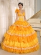 Quinceanera Hand Made Flowers Decorate One Shoulder Appliques and Ruffled Layers