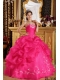 2013 Coral Red Ball Gown Strapless With Floor-length Embroidery Organza Quinceanera Dress