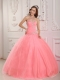 2013 Lovely Watermelon Ball Gown With Sweetheart Floor-length Tulle And Appliques Quinceanera Dress