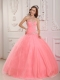 2013 Lovely Watermelon Ball Gown With Sweetheart Floor-length Tulle And Appliques Quinceanera Dress