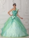 Apple Green Ball Gown One Shoulder Quinceanera Dress with Organza Beading and Hand Flower