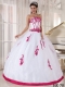 Elegant Ball Gown Strapless Floor-length Quinceanera Dress Red and White Appliques