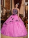 Elegant Hot Pink and Black Strapless Floor-length Embroidery Quinceanera Dress