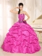 Elegant Hot Pink Beaded and Hand Made Flowers Quinceanera Dress With Pick-ups