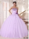 Elegant Lilac Ball Gown Strapless Floor-length Tulle Beading and Ruching Quinceanera Dress