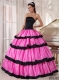 Elegant Rose Pink and Black Ball Gown Strapless Floor-length Taffeta Quinceanera Dress