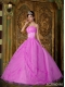 Elegant Rose Pink Ball Gown Strapless Floor-length Appliques Organza Quinceanera Dress