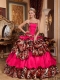 Fashionable Quinceanera Dress In Coral Red With Strapless Floor-length And Pick-ups Made With Taffeta and Leopard