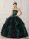 Green and Black Strapless Appliques Taffeta and Organza Beading Ball Gown Dress with Ruffles
