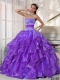 Organza Appliques Strapless Ball Gown Dress in Lilac with Ruffeles and Beading