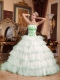 Popular Quinceanera Dress In White Ball Gown With Strapless Detachable Train And Organza Appliques In 2013