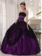 Purple and Black Strapless Tulle and Taffeta Beading and Appliques Ball Gown Dress wiht Hand Made Flower