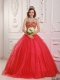 Quinceanera Dress In Coral Red A-Line / Princess With Sweetheart Floor-length and Beading