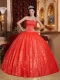 Red Strapless Sequined Ball Gown Dress with Beading and Appliques
