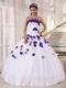 White and Purple Strapless Beading and Hand Made Flowers Ball Gown Dress with Ruchings