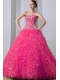2014 A-Line / Princess Sweetheart Hot Pink Brush Train Organza Beading Quinceanea Dress