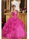2014 Hot Pink Ball Gown Organza Strapless Floor-length Cheap Quinceanera Dresses