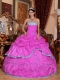 2014 Popular Organza Appliques Hot Pink Ball Gown Cheap Quinceanera Dresses